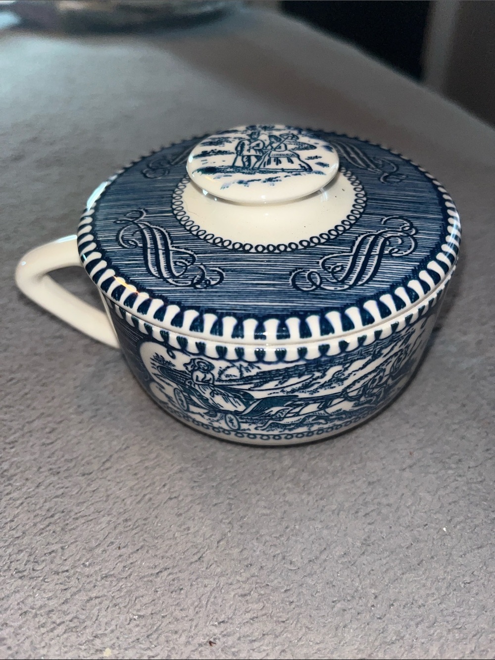 Currier & Ives Blue Ceramic Lid  Sugar Bowl